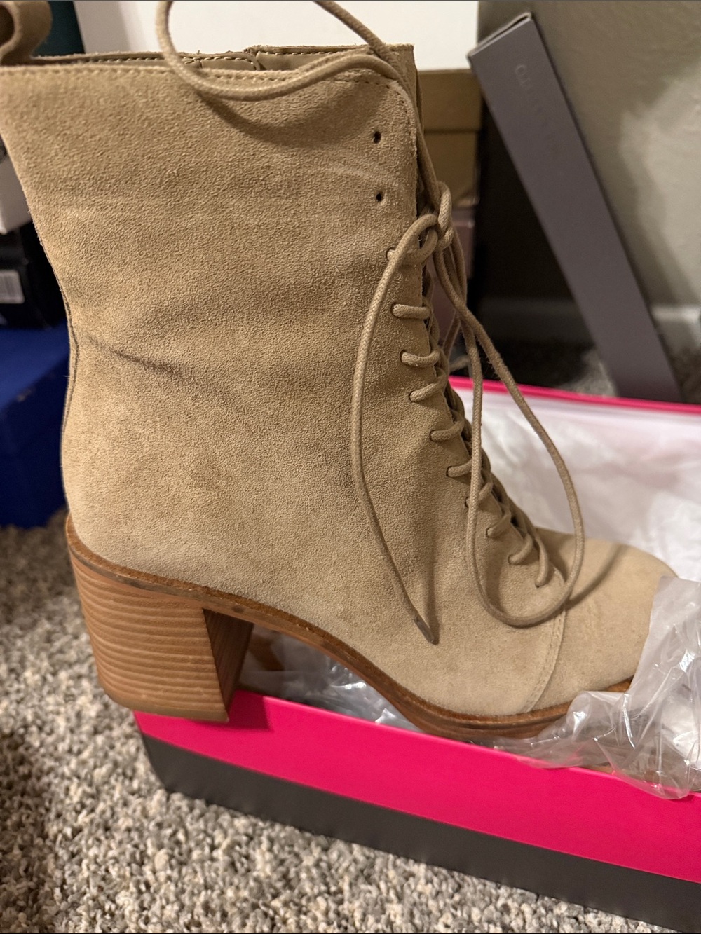 Vince Camuto Suede Lace-Up Block Heel Boot in Tan